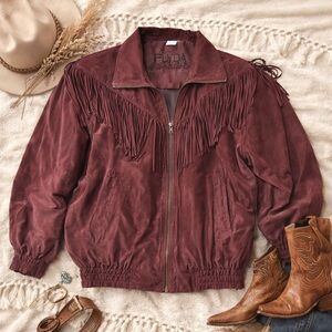 Vintage FUDA Western Jacket 100% Silk Fringe Burgundy Womens Large Boho Cowgirl